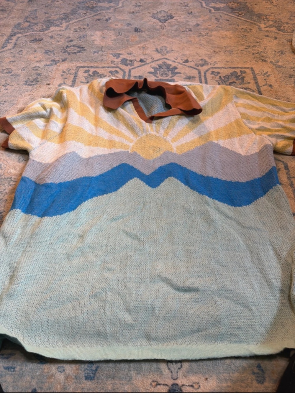 Simply Southern Sunburst Short-Sleeve Knit Top - Blue, Yellow, Cream, Brown